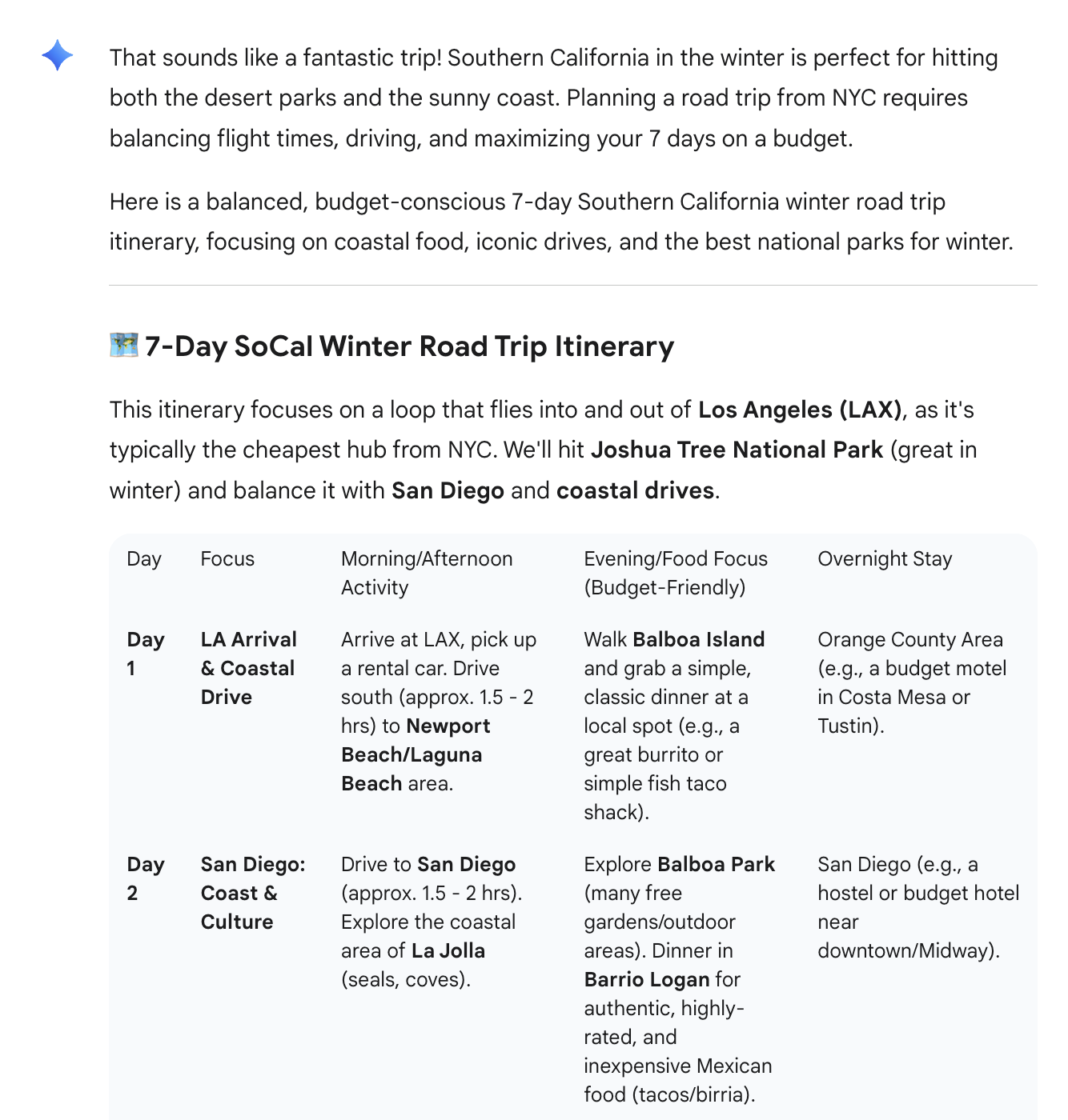 Gemini free AI socal itinerary