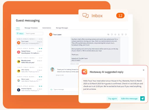 Hostaway guest messaging inbox with AI-suggested replies