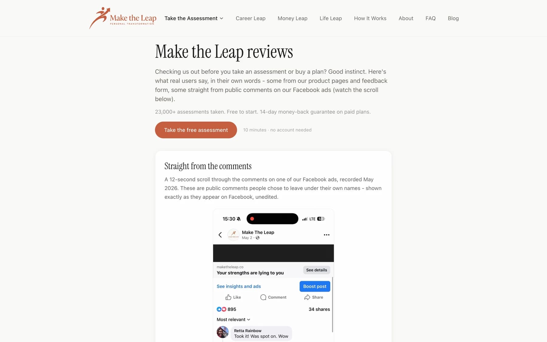 Make the Leap reviews page showing real user reviews and public Facebook comments recorded in May 2026