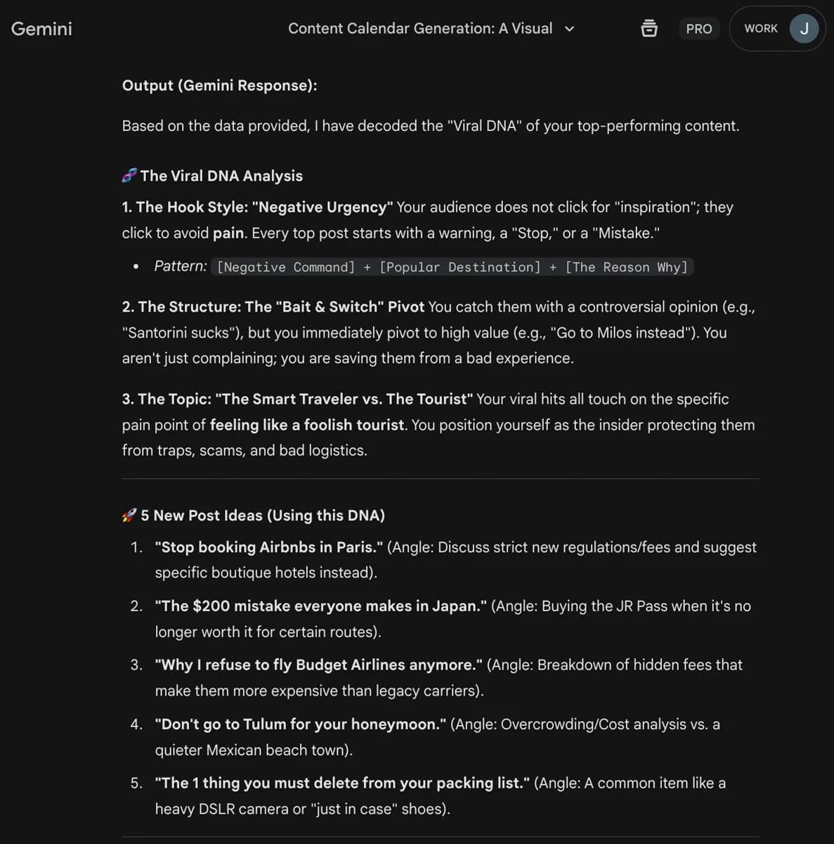 Gemini suggested new post ideas based on my social media analytics