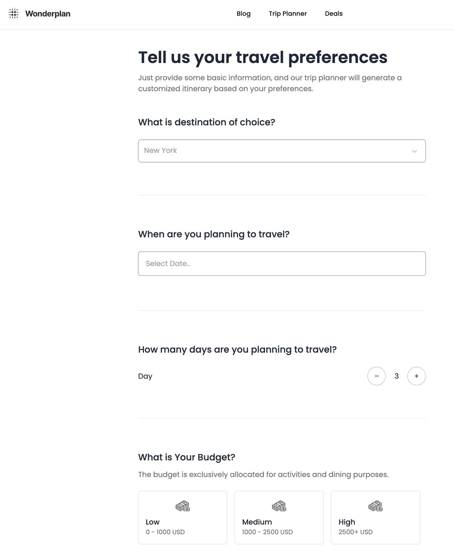 Wonderplan’s user interface, showing the custom travel preferences it asks