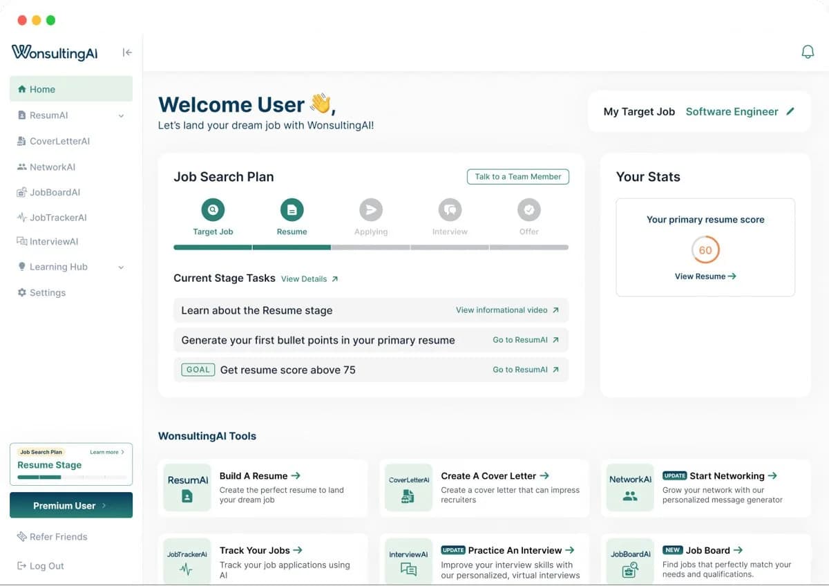 WonsultingAI dashboard showing the interface and resume tools