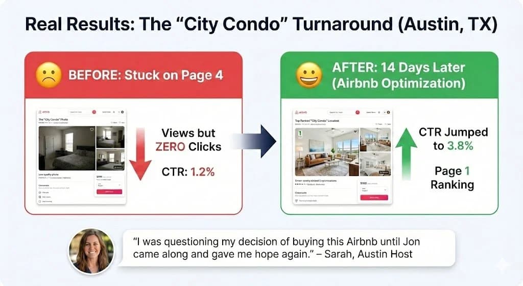 Testimonial from an Airbnb listing optimization client