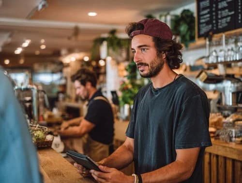 Small business owner working at a shop counter